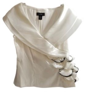 Cachet Shimmery White Blouse Side Ruffle Black Trim Sleeveless Formal Sz 12 NWOT